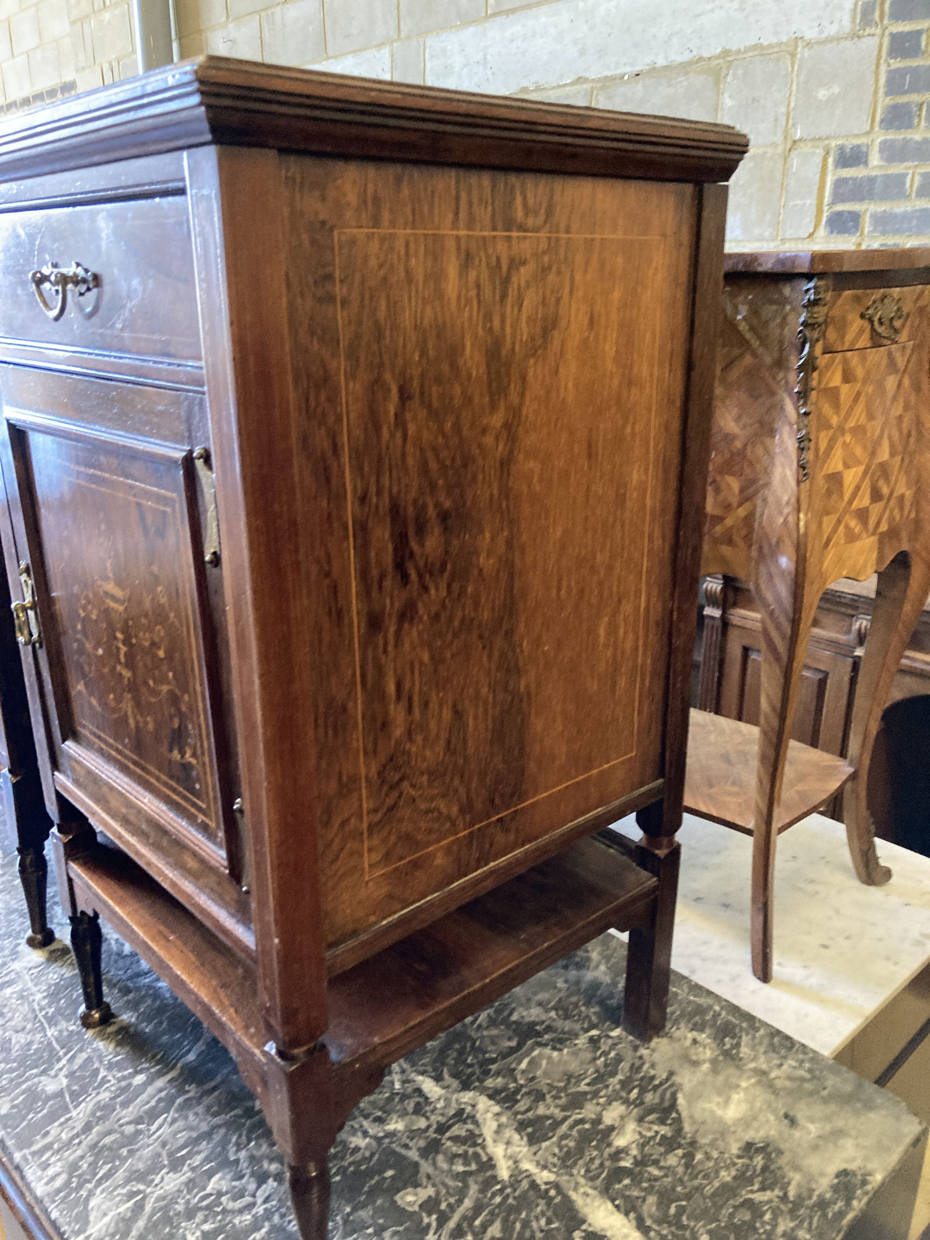 A pair of Edwardian marquetry inlaid rosewood bedside cupboards, width 39cm, depth 38cm, height 69cm